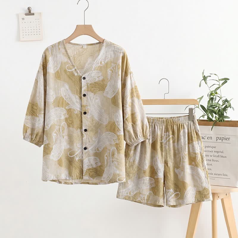 Ownkoti Paisley Print V-Neck Pajama Set - Beige - One Size - image 0