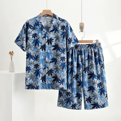 Ownkoti Unisex Blue Leaf Print Pajama Set - Blue - 5XL - image 0