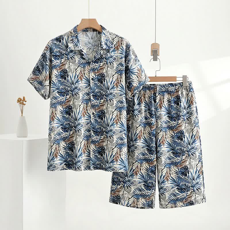 Ownkoti Tropical Leaf Print Loungewear Set - Navy - 5XL - image 0