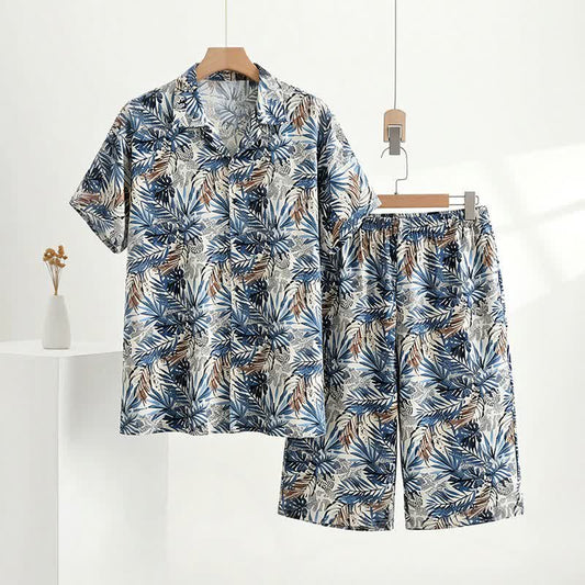 Ownkoti Tropical Leaf Print Loungewear Set - Navy - 5XL - image 0