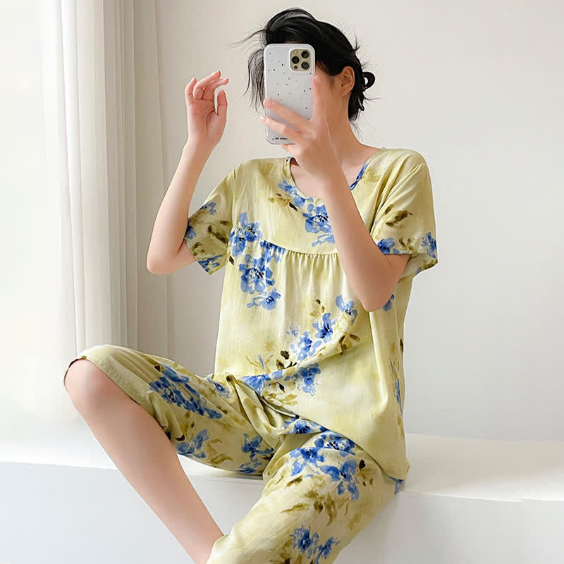 Ownkoti Blue Floral Short Sleeve Women's Pajamas - image 3