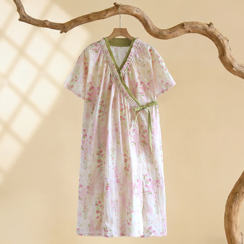 Ownkoti Kimono Floral Cotton Gauze Ruffle Trim Nightdress - Beige - L - image 0