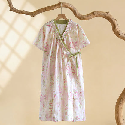 Ownkoti Kimono Floral Cotton Gauze Ruffle Trim Nightdress - Beige - L - image 0