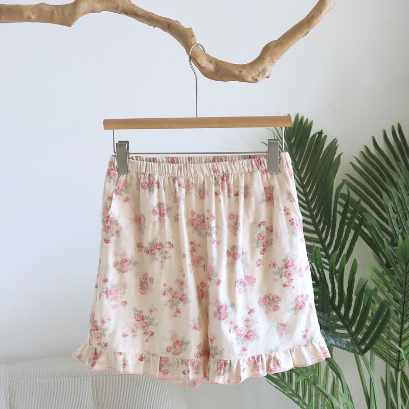 Ownkoti Pink Floral Cotton Ruffle Pajama Shorts - Beige - XL - image 0