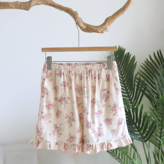 Ownkoti Pink Floral Cotton Ruffle Pajama Shorts - Beige - XL - image 0