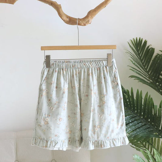 Ownkoti Floral Cotton Gauze Ruffle Pajama Shorts - Green - XL - image 0