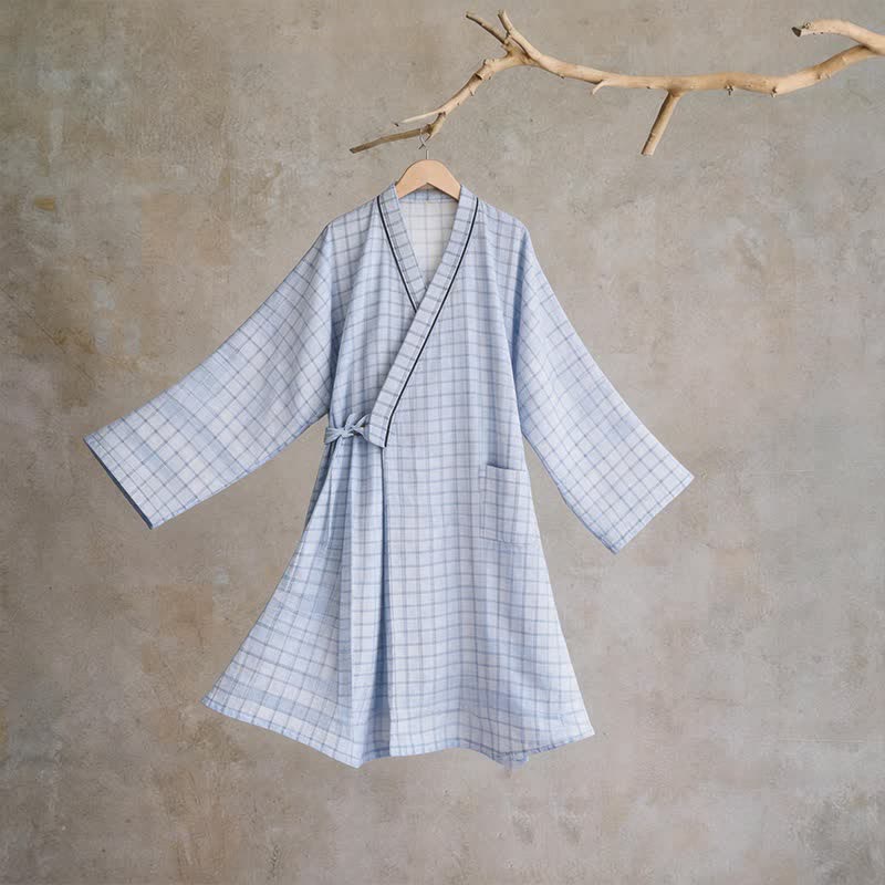 Ownkoti Unisex Grid Cotton Kimono Robe - Blue - L - image 0