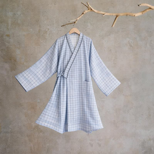 Ownkoti Unisex Grid Cotton Kimono Robe - Blue - L - image 0