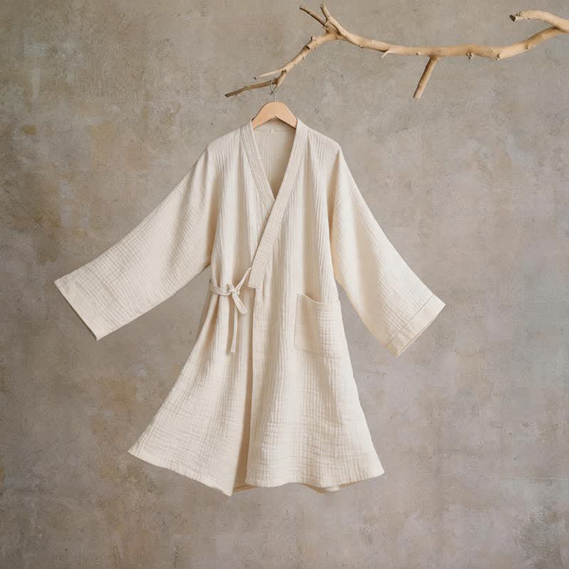Ownkoti Solid Unisex Cotton Gauze Kimono Robe - Beige - XL - image 7