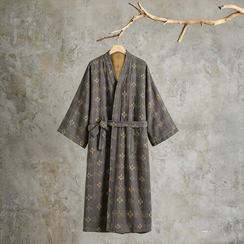 Ownkoti Unisex Geometric Cotton Yukata Robe - Gray - XL - image 0