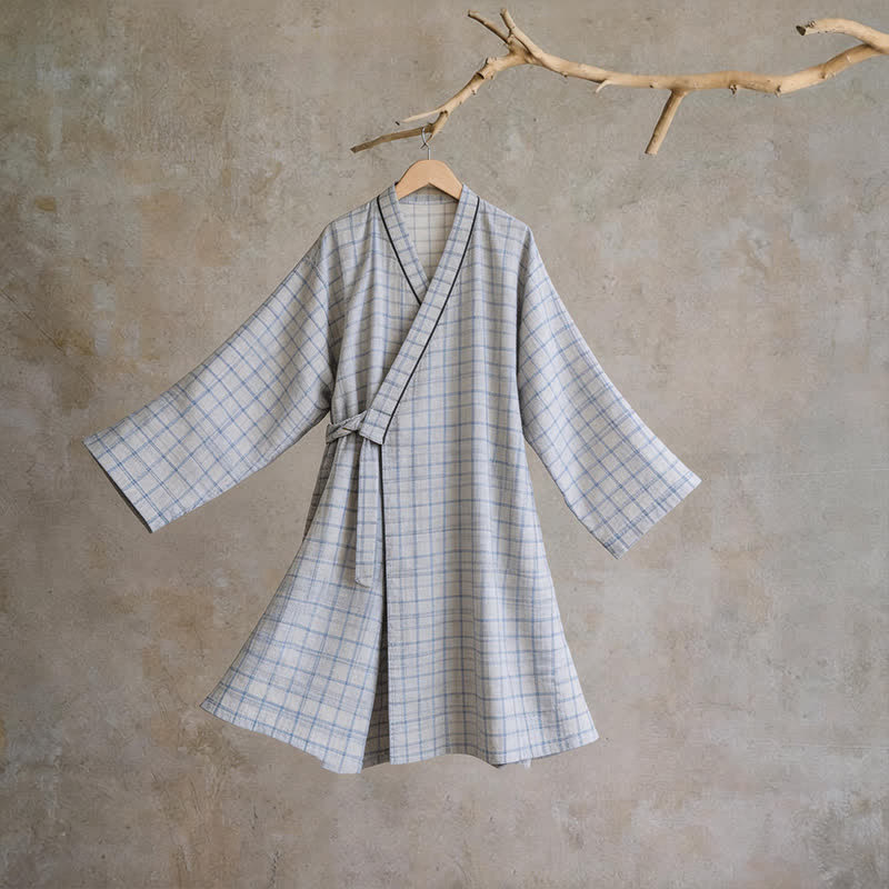 Ownkoti Unisex Grid Cotton Kimono Robe - Gray - L - image 8