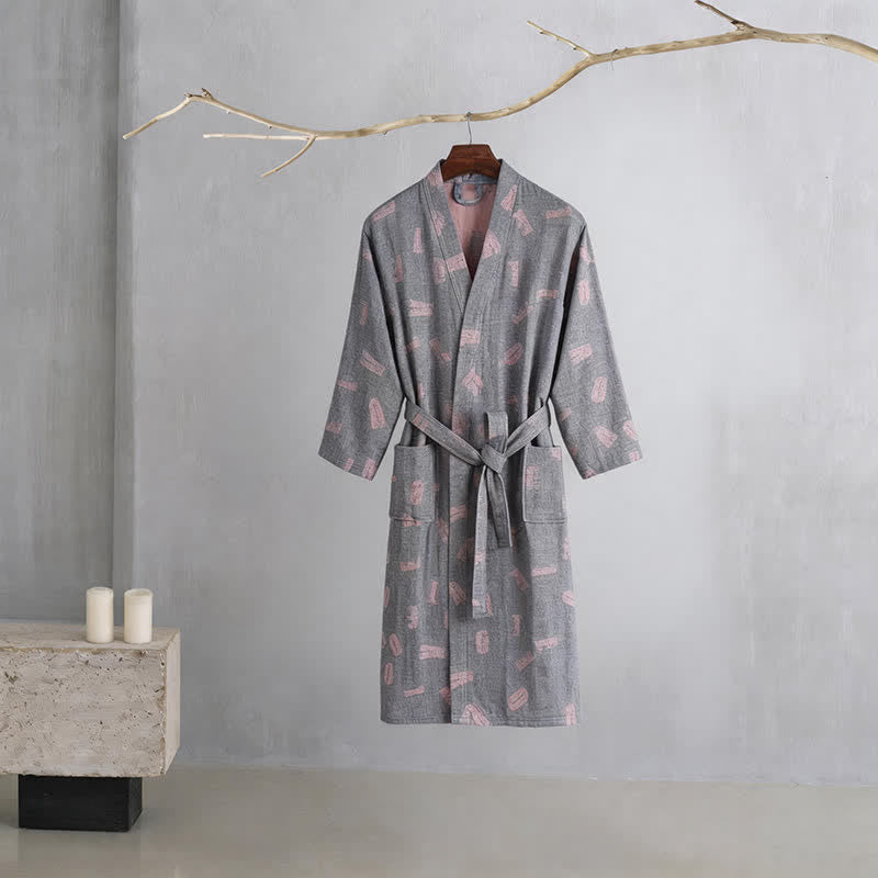 Ownkoti Love Print Cotton Gauze Kimono Robe - Gray - XXL - image 4