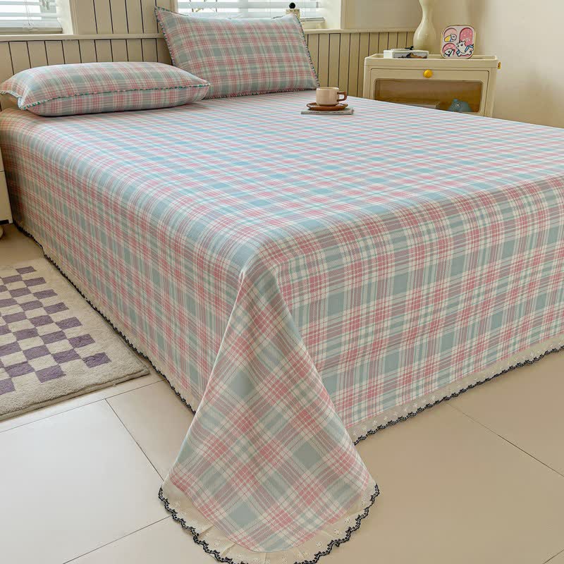 Ownkoti Pastel Plaid Cotton Bedspread with Lace Trim - image 1