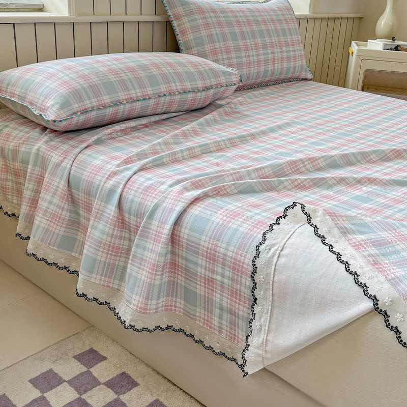 Ownkoti Pastel Plaid Cotton Bedspread with Lace Trim - image 2