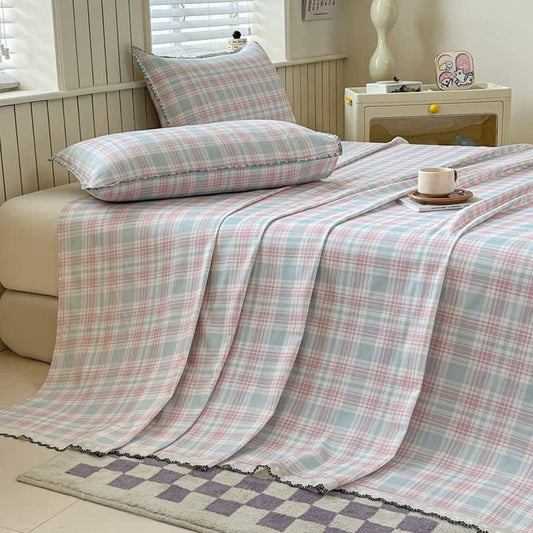Ownkoti Pastel Plaid Cotton Bedspread with Lace Trim - Pink - 2PCS Pillowcases - 19" x 29" - image 0