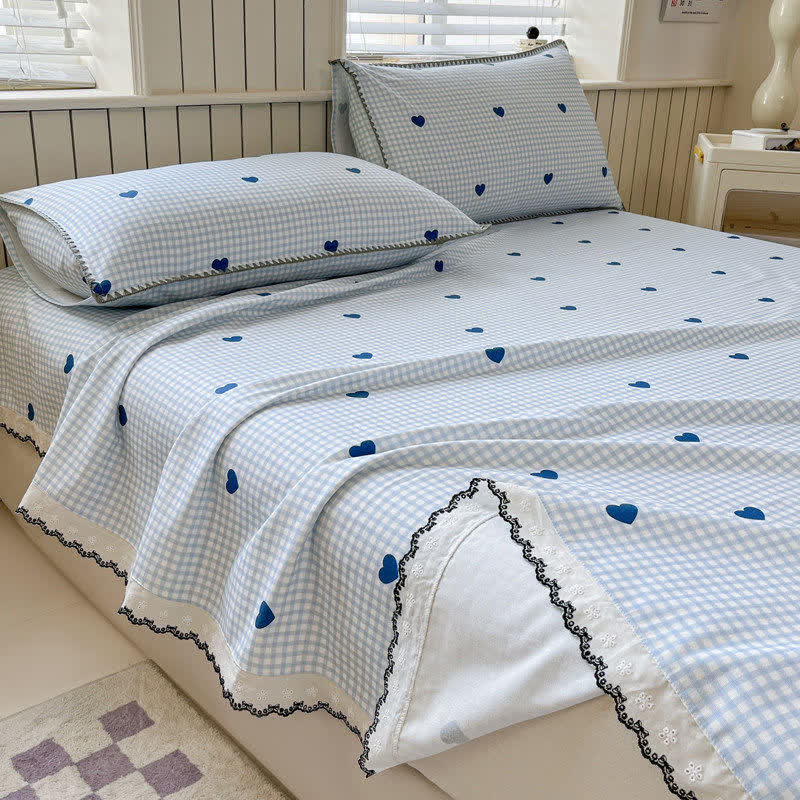 Ownkoti Heart Gingham Cotton Bedspread with Lace Trim - image 2