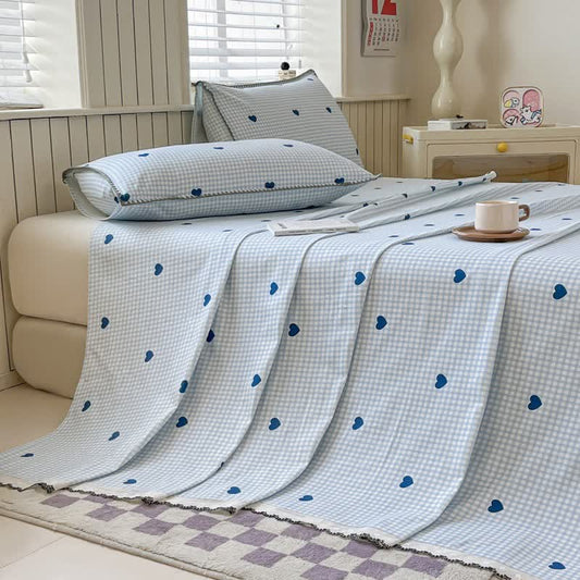 Ownkoti Heart Gingham Cotton Bedspread with Lace Trim - Blue - 2PCS Pillowcases - 19" x 29" - image 0