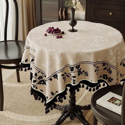 Ownkoti Black & Beige Floral Print Tassel Tablecloth - 55" x 87" - image 0