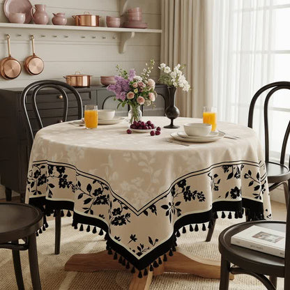 Ownkoti Black & Beige Floral Print Tassel Tablecloth - image 1