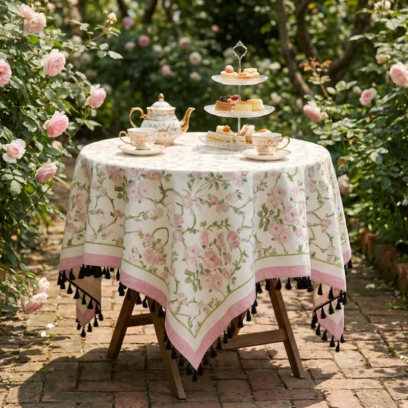 Ownkoti Pink Floral Vine Print Tassel Tablecloth - image 1