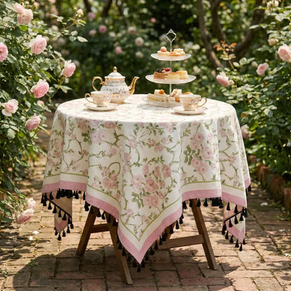 Ownkoti Pink Floral Vine Print Tassel Tablecloth - image 1