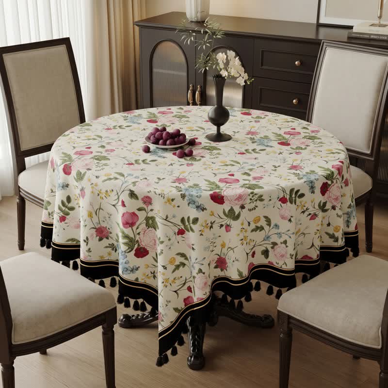 Ownkoti Multicolor Rose Print Tassel Trimmed Tablecloth - image 3