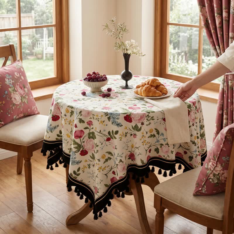 Ownkoti Multicolor Rose Print Tassel Trimmed Tablecloth - image 2