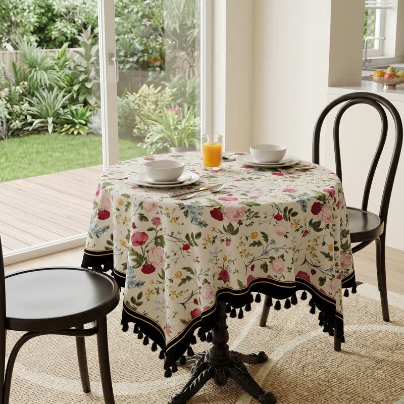 Ownkoti Multicolor Rose Print Tassel Trimmed Tablecloth - image 1