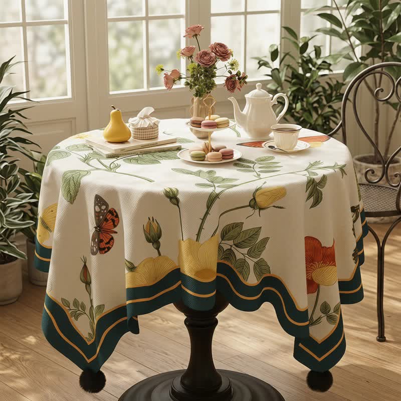 Ownkoti Botanical Butterfly Print Pom-Pom Tablecloth - image 1