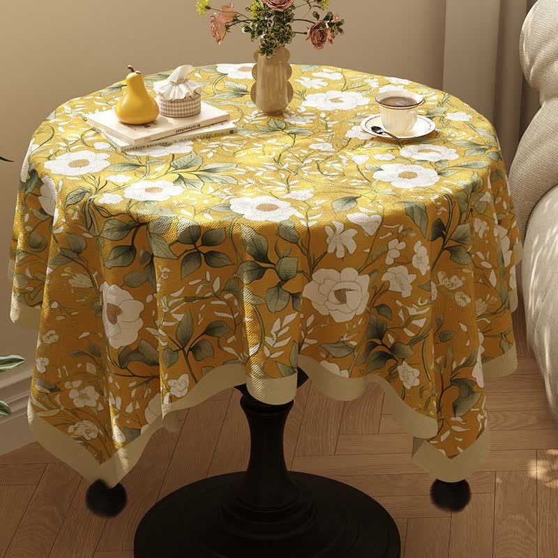 Ownkoti Camellia Floral Pom-Pom Trimmed Tablecloth - Golden - 55" x 87" - image 0