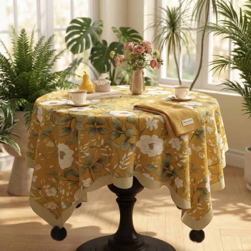Ownkoti Camellia Floral Pom-Pom Trimmed Tablecloth - image 2