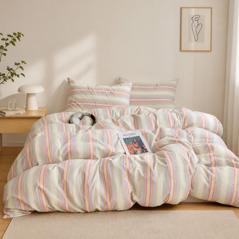 Ownkoti Soft Pastel Multicolor Stripe Cotton Bedding Set - Cream Pink - King - Bedding Set - image 0