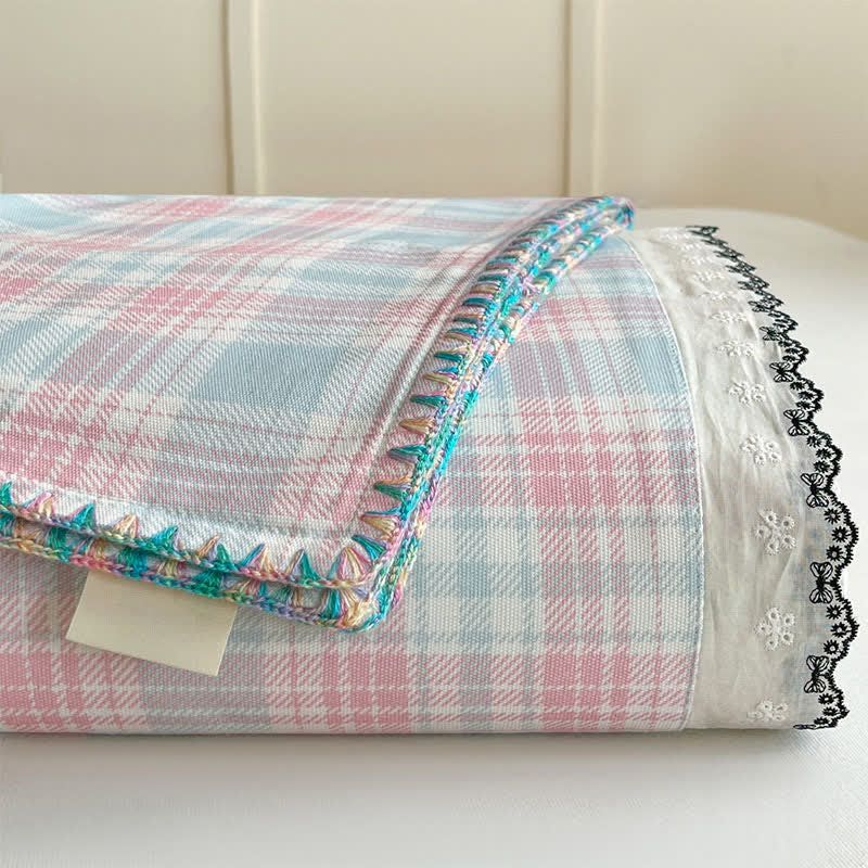 Ownkoti Pastel Plaid Cotton Bedspread with Lace Trim - image 4