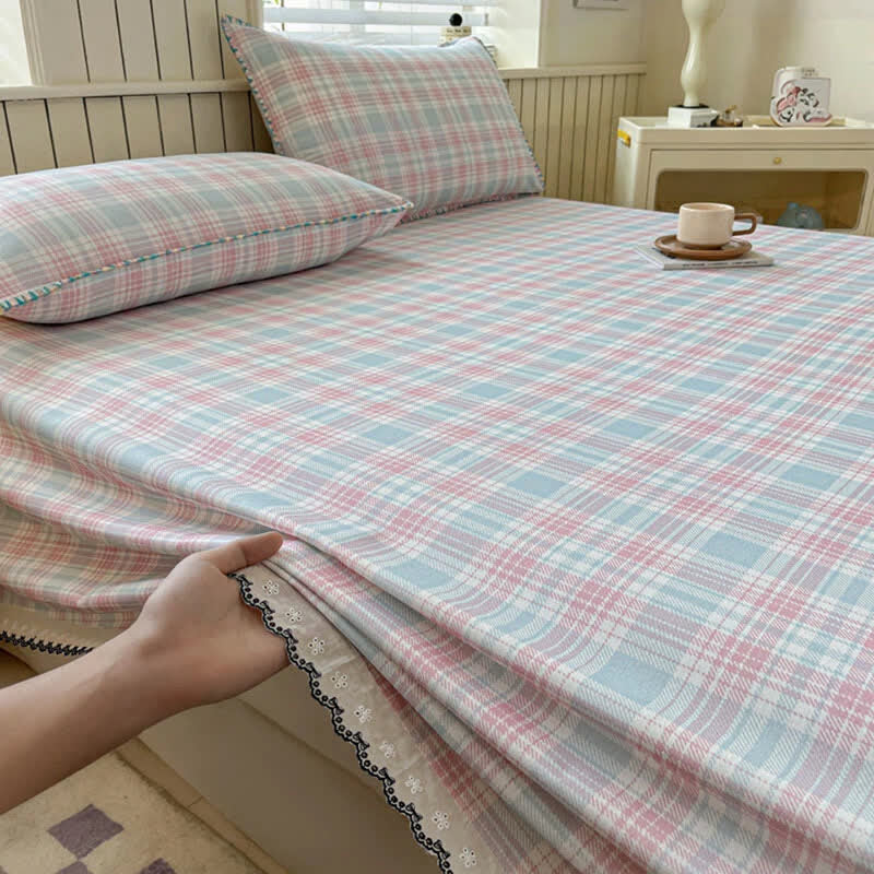 Ownkoti Pastel Plaid Cotton Bedspread with Lace Trim - image 3
