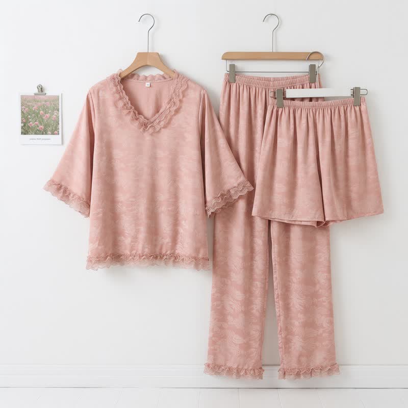 Ownkoti Pink Ruffle Trim Jacquard Pajama Set(3PCS) - Pink - XXL - image 0