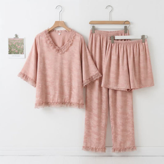 Ownkoti Pink Ruffle Trim Jacquard Pajama Set(3PCS) - Pink - XXL - image 0