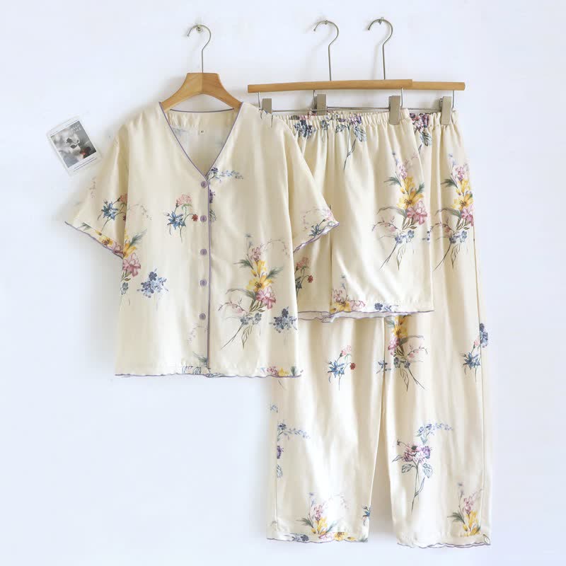 Ownkoti Iris Floral Cotton Women's Pajamas(3PCS) - Beige - XL - image 0
