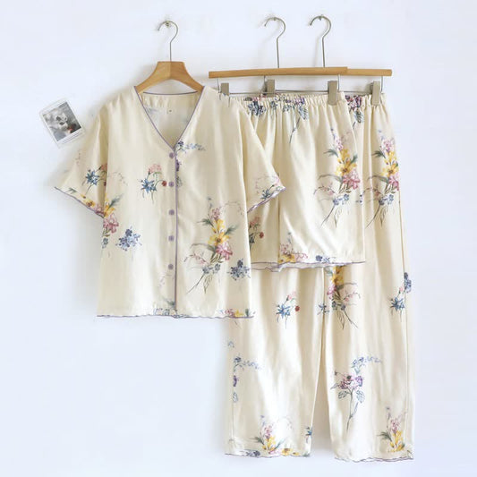 Ownkoti Iris Floral Cotton Women's Pajamas(3PCS) - Beige - XL - image 0