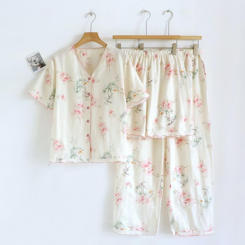 Ownkoti Floral Cotton Short Sleeve Pajama Set(3PCS) - White - XL - image 0