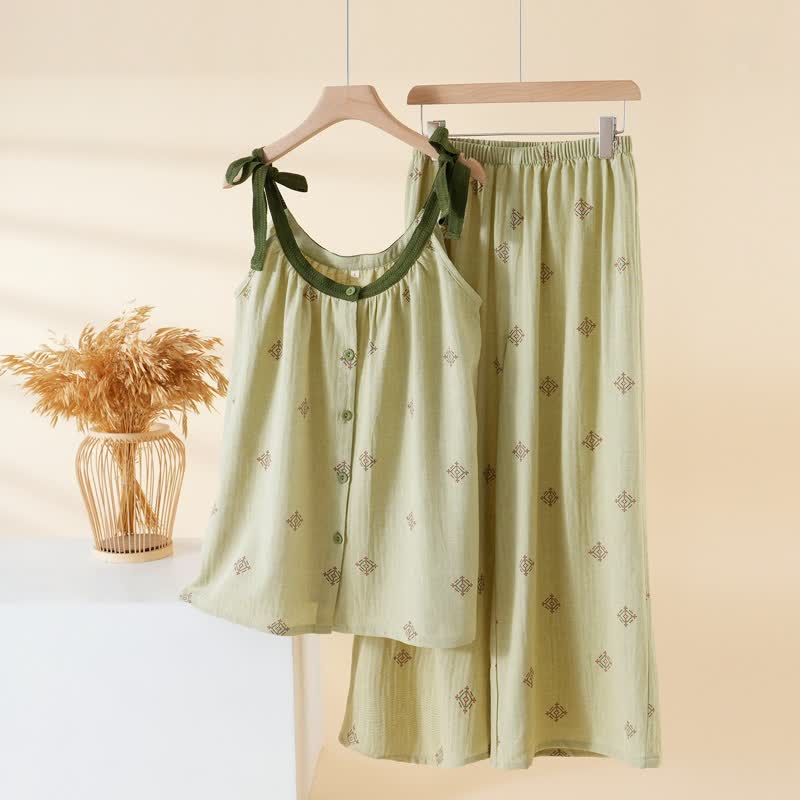 Ownkoti Cotton Gauze Bow Strap Pajama Set - Green - XL - image 8