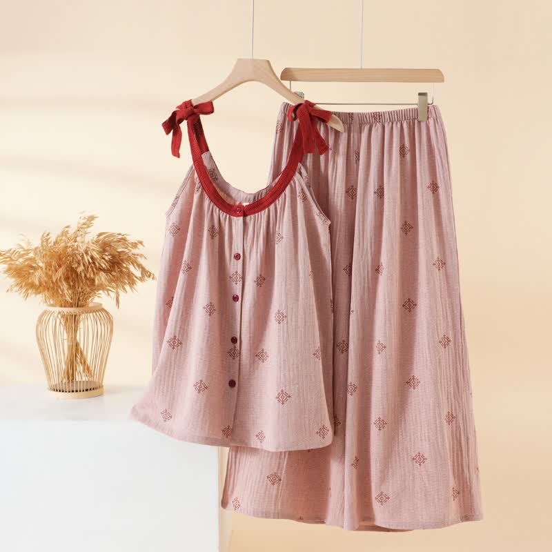 Ownkoti Cotton Gauze Bow Strap Pajama Set - Pink - XL - image 2