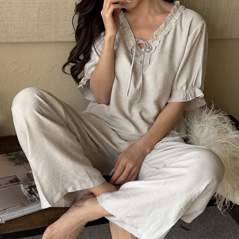 Ownkoti Solid Color Padded Ruffle Pajama Set - Gray - XL - image 13