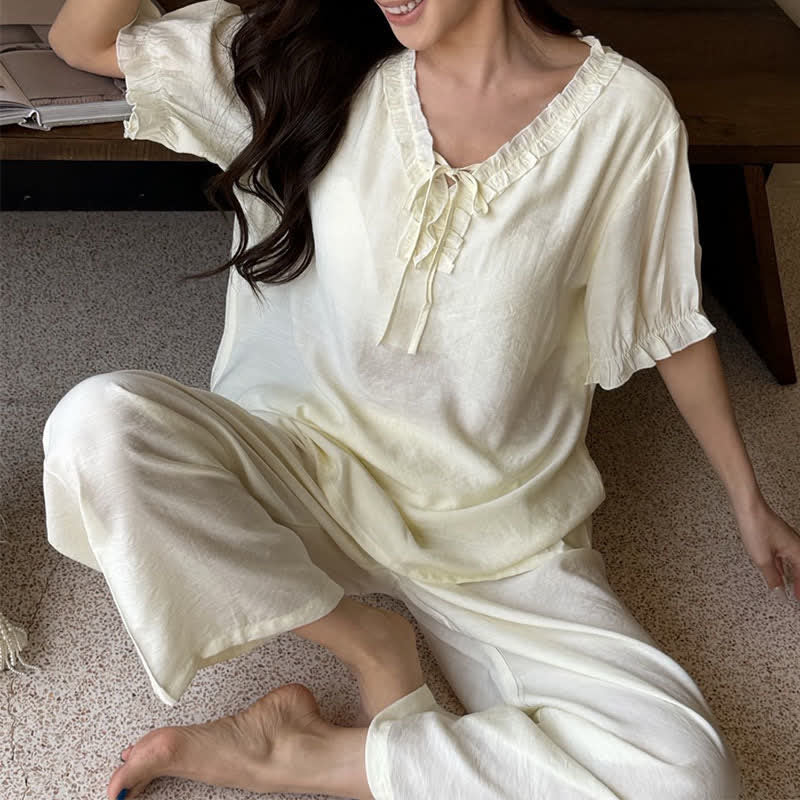 Ownkoti Solid Color Padded Ruffle Pajama Set - Yellow - XL - image 9