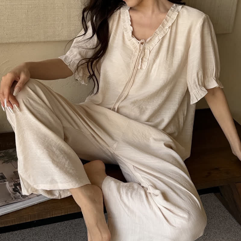 Ownkoti Solid Color Padded Ruffle Pajama Set - Light Apricot - XL - image 16