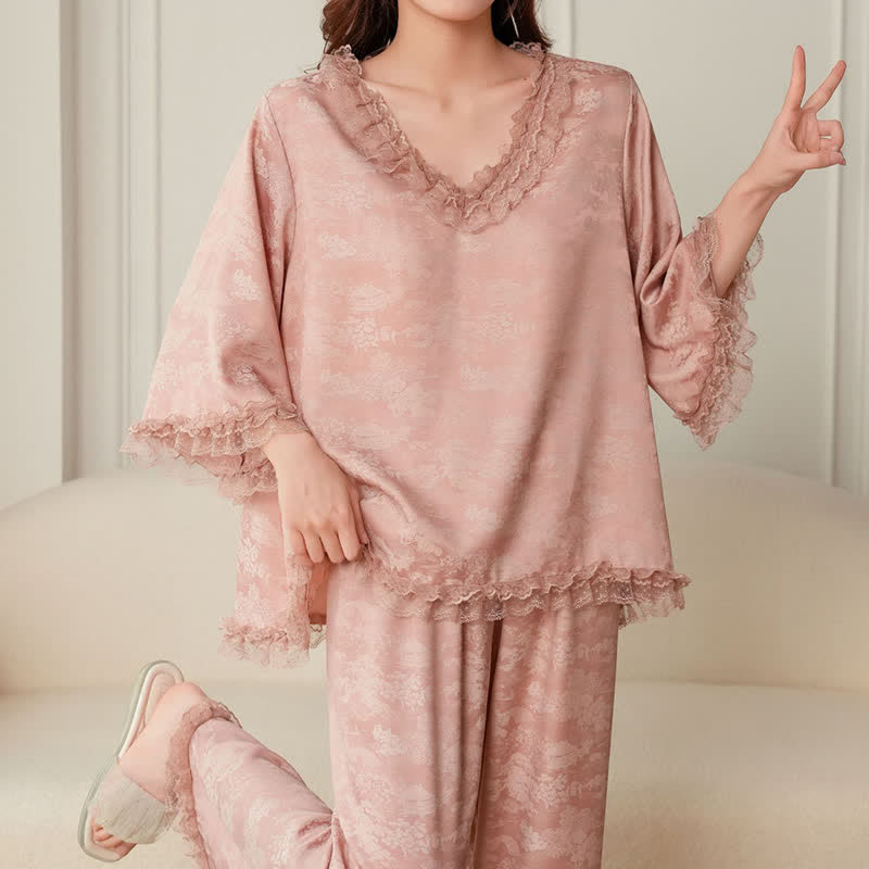 Ownkoti Pink Ruffle Trim Jacquard Pajama Set(3PCS) - image 5