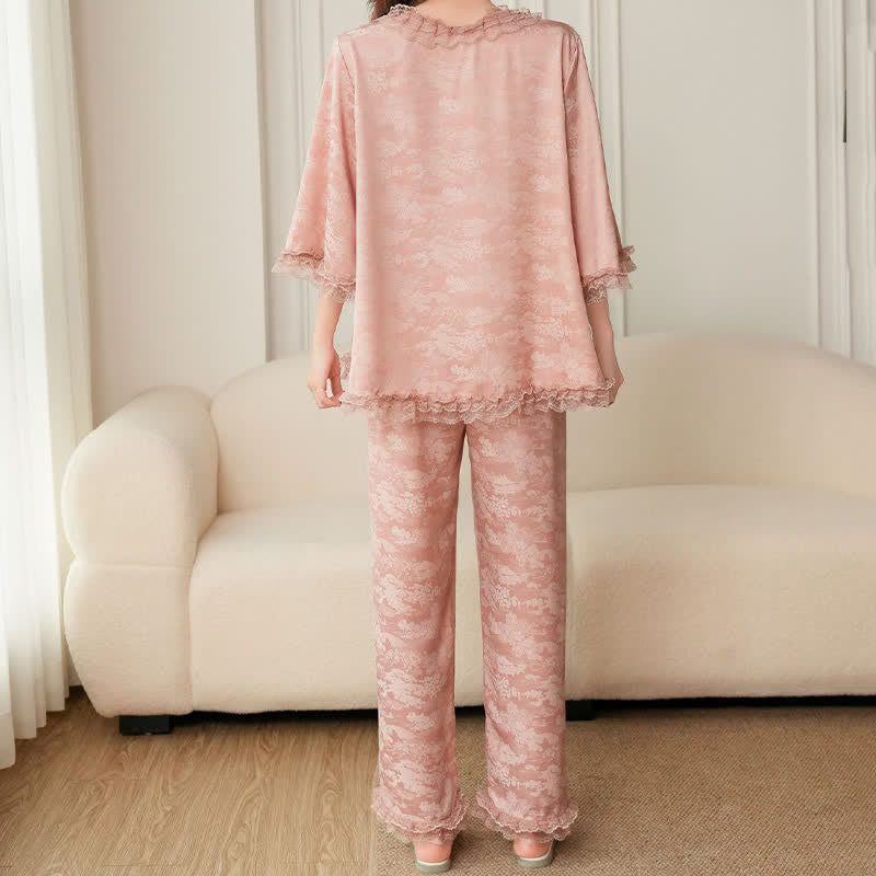 Ownkoti Pink Ruffle Trim Jacquard Pajama Set(3PCS) - image 9