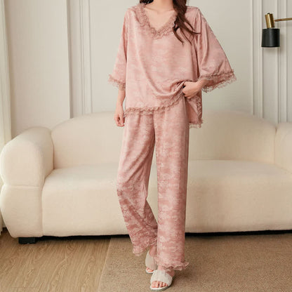 Ownkoti Pink Ruffle Trim Jacquard Pajama Set(3PCS) - image 8