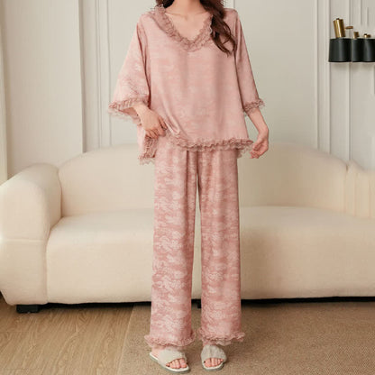 Ownkoti Pink Ruffle Trim Jacquard Pajama Set(3PCS) - image 6