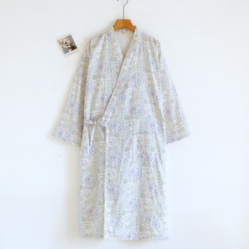 Ownkoti Ethnic Vintage Floral Cotton Kimono Robe - Blue - L - image 4