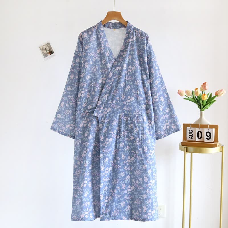 Ownkoti Rustic Blue Floral Cotton Kimono Robe - image 1